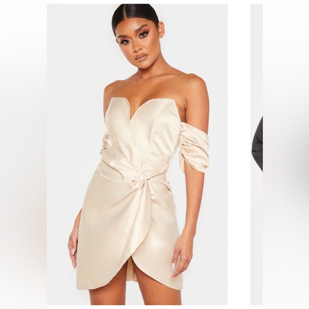 Champagne Satin V Bar Ruched Bodycon Dress